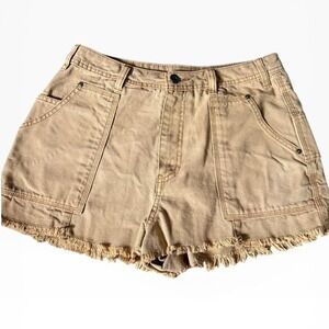 Free People Bobbi + Bricka Tan Carpenter Denim Shorts High Waisted Frayed Hem 8